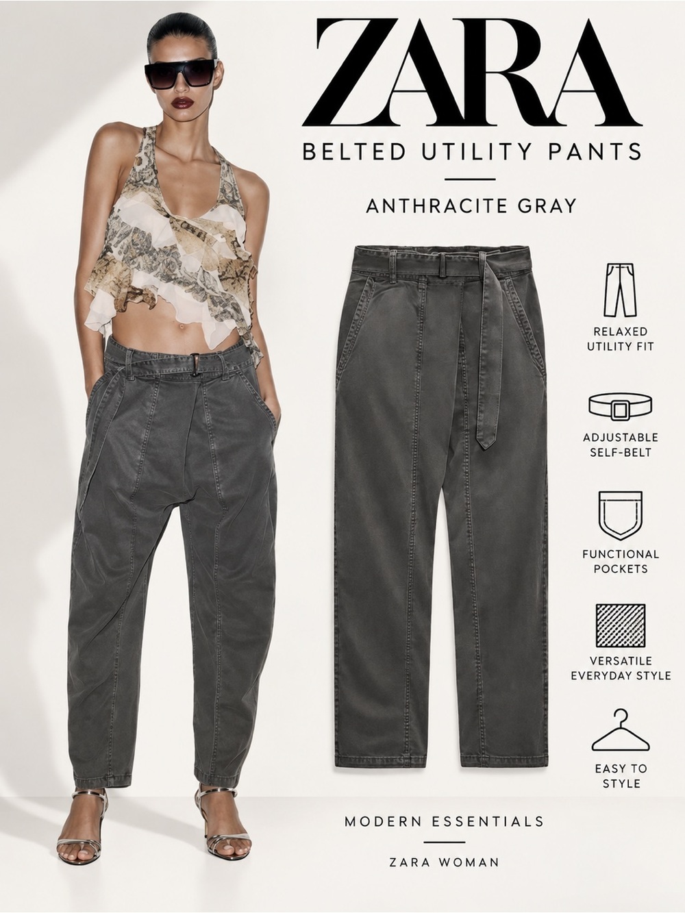 ZARA Anthracite Gray Belted Utility Pants XS NWT